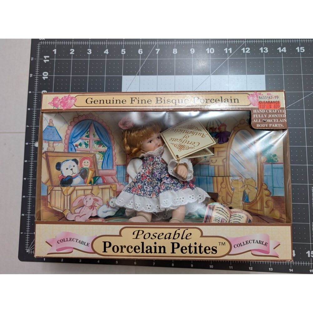 Dan Dee Petite Porcelian Bisque doll poseable strawberry blonde floral dress box